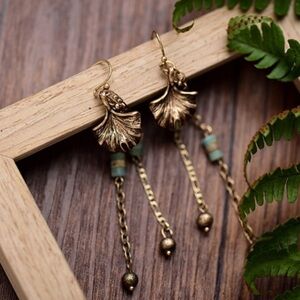 Amazonite Gold Leaf Dangle Chain Earrings, artisan hand crafted new